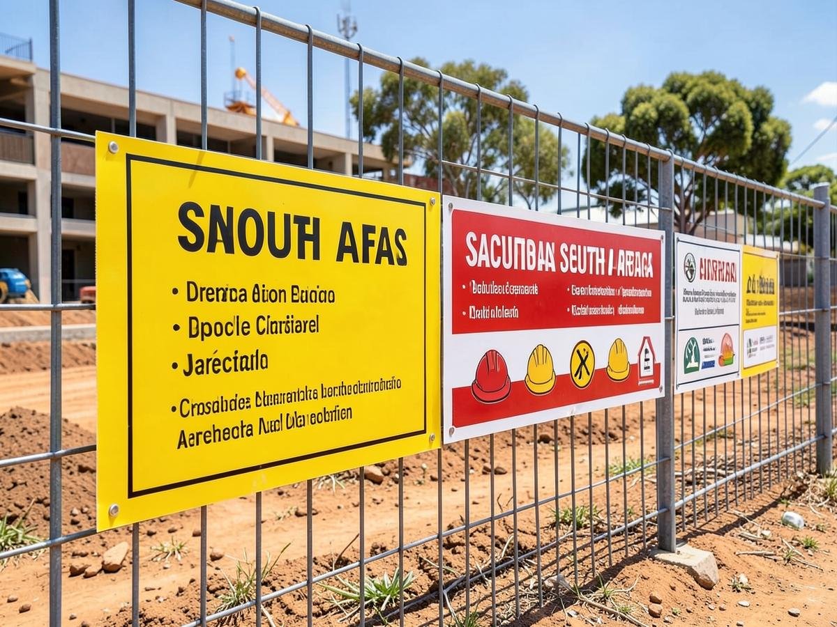 Safety signage boards mounted on a construction site fence